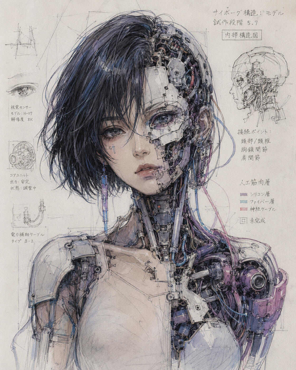 Android Women Detailed sketch of a biomechanical female android face with Japanese technical annotations detailing cybernetic components.