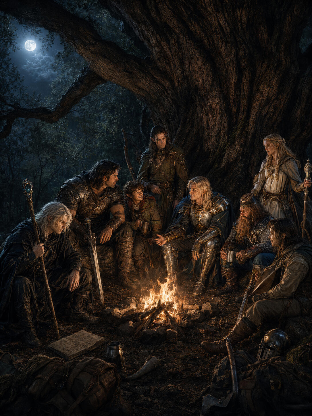A group of roleplaying adventurers gathered around a campfire in a forest at night, talking with each other and representing community and human experience in the digital age.